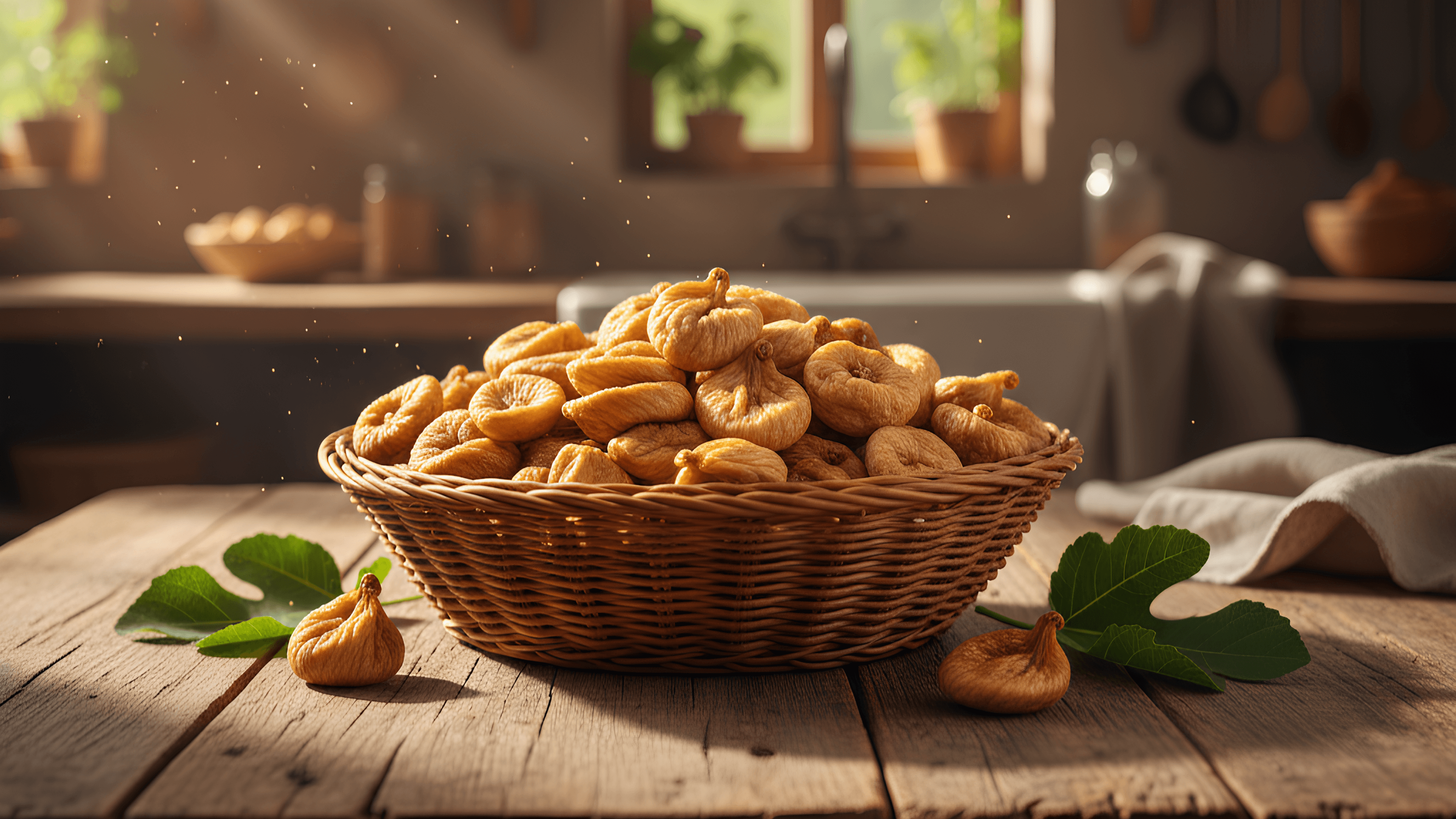 Basket of premium dried figs on a rustic table