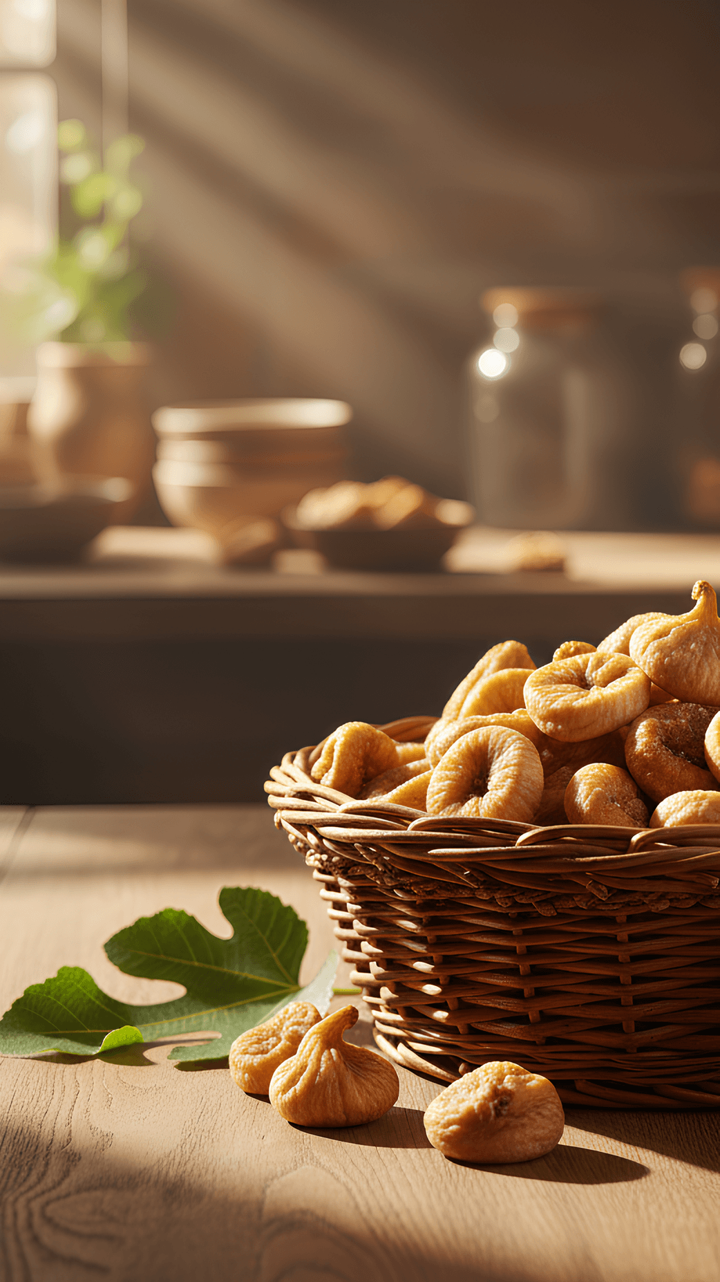 Dried figs in a basket on a rustic table